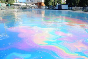 Colorful oil slick on a reflective pool of water in a city park