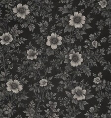 Elegant charcoal small floral wallpaper, intricate botanical details , fabric, texture