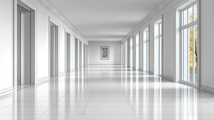 Fototapeta premium Empty, bright hallway with large windows