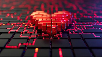 Obraz premium Abstract close-up of a stylized heart on a dark circuit board with red glowing lines