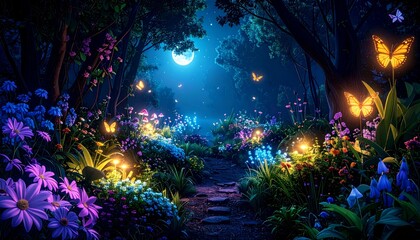 Enchanted Evening in a Vibrant Flower Garden with Butterflies