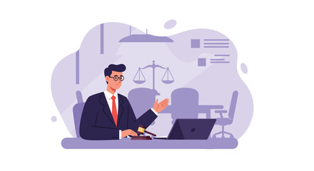 Lawyer in office with scales of justice illustration for legal advice and courtroom consultation vector 