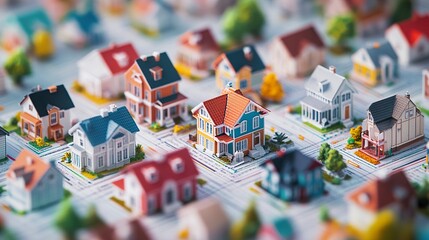 An array of detailed miniature houses arranged over spreadsheets with colorful graphs and housing market data, offering a visual representation of property valuation and market trends 