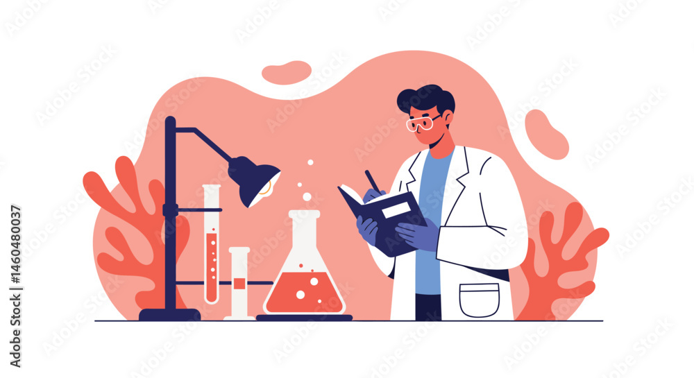 Poster scientist working in laboratory with test tubes and flasks conducting chemical experiments vector il