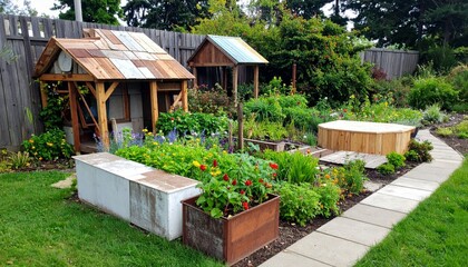 Obraz premium Charming Wooden Garden Structures Surrounded by Lush Vegetation