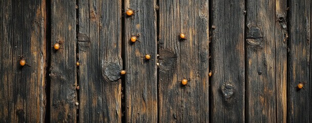 Fototapeta premium Rustic wooden planks with scattered small orange seeds showcasing natural textures and colors for organic and nature-themed design applications