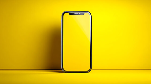 A sleek smartphone stands upright against a vibrant yellow background, showcasing modern design