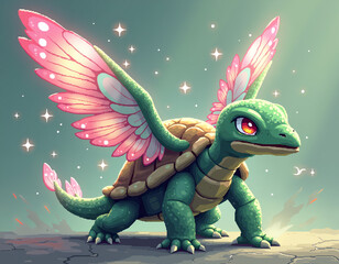 A fantasy pixel turtle with glowing pink fairy wings floats against a soft magical background.