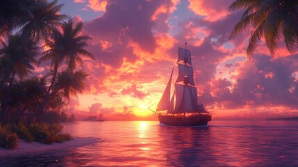 Fototapeta premium Sunset Sailboat Paradise: Tropical Island Escape