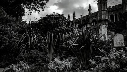 Dark Gothic Garden with Lush Foliage and Dramatic Cloudy Sky