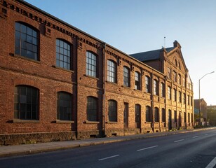 Fototapeta premium Historic Brick Building on Urban Street at Sunset with Warm Lighting