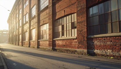 Fototapeta premium Sunlit Urban Alleyway with Brick Wall and Windows at Golden Hour
