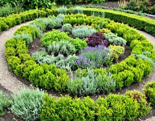 Circular Garden Design with Green Shrubs and Colorful Flowers