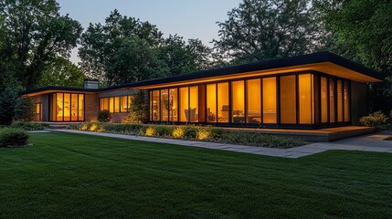 An upscale modern house with a bold and clean design, its golden-yellow lighting casting a welcoming glow at dusk, complemented by minimalist landscaping and architectural details 
