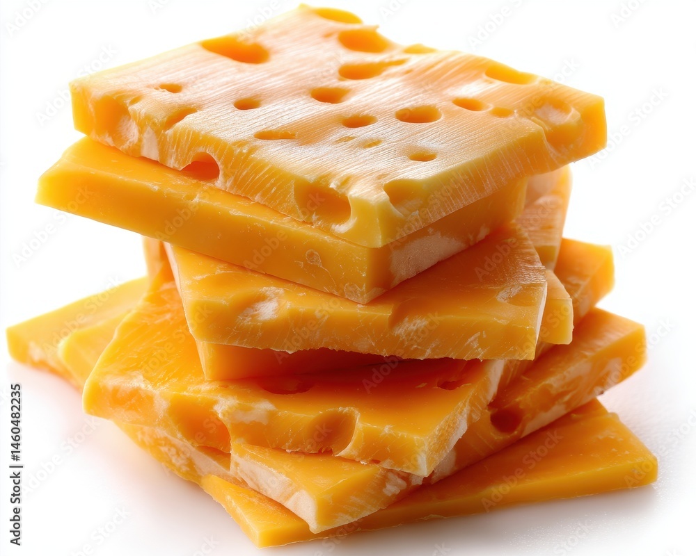 Poster stack of bright orange cheese blocks with holes on a clean white background emphasizing texture and 