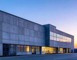 Fototapeta premium Modern Concrete Building at Sunset with Large Windows and Soft Light