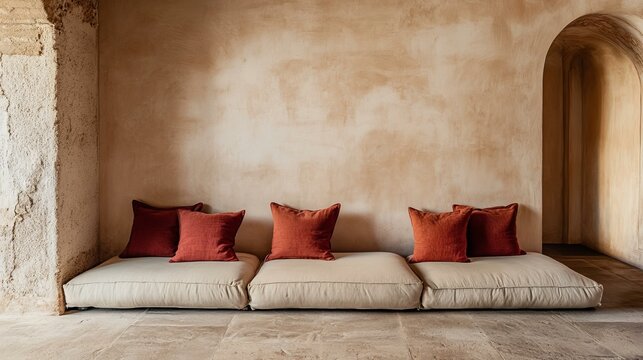 Minimalist Seating Area With Textured Wall And Red Pillows