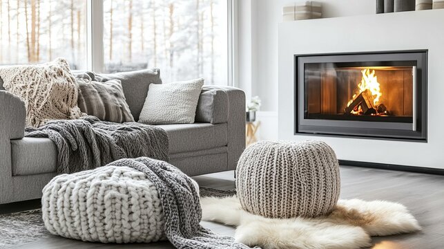 Fototapeta Cozy Modern Living Room With Fireplace And Winter View