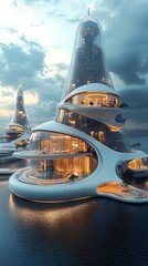 Futuristic floating city architecture with modern white buildings glistens upon a calm, expansive ocean