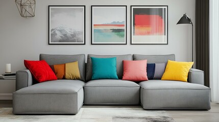 Cozy Living Room Interior With Modern Gray Couch And Colorful Pillows