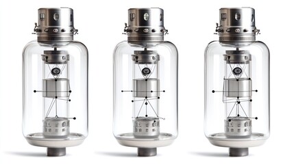 Three Futuristic Glass Vacuum Tubes with intricate internal mechanisms.  A technological marvel.