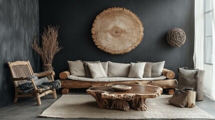 Rustic Living Room Interior: Wood Furniture And Wall Decor