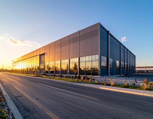 Obraz premium Modern Industrial Building with Glass Facade at Sunset Reflection