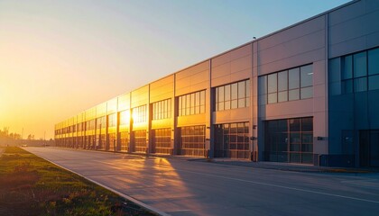 Fototapeta premium Modern Industrial Building with Sunset Reflections on Windows