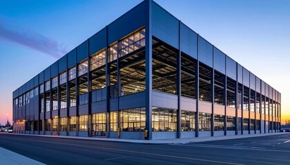 Obraz premium Modern Industrial Building with Large Windows at Sunset Glow