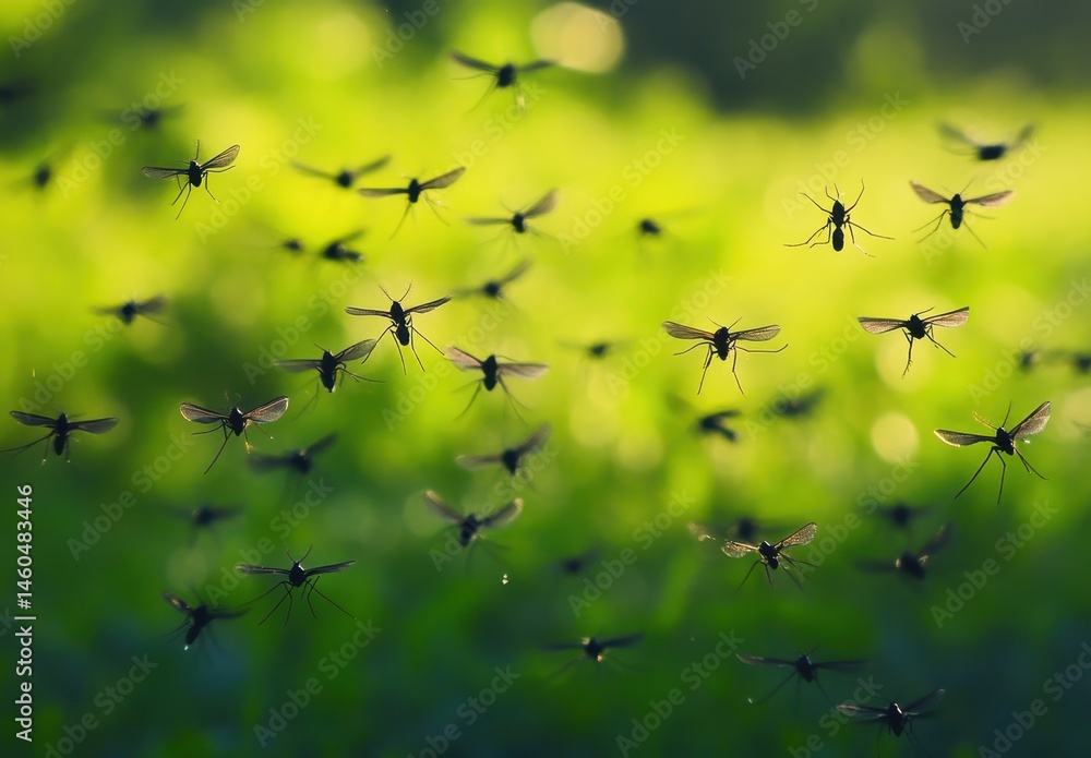 Poster swarm of flying insects in natural green background with subtle glare and soft focus effect in an ou