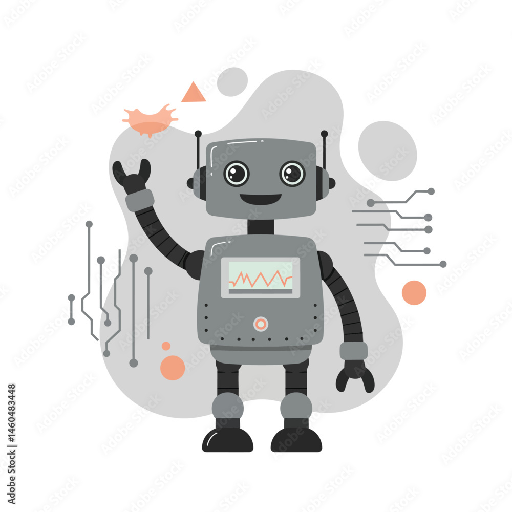 Poster friendly cartoon robot waving hand with digital circuit elements and abstract shapes in soft grey an
