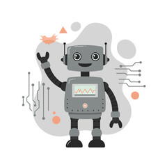 Friendly cartoon robot waving hand with digital circuit elements and abstract shapes in soft grey and orange colors vector illustration 