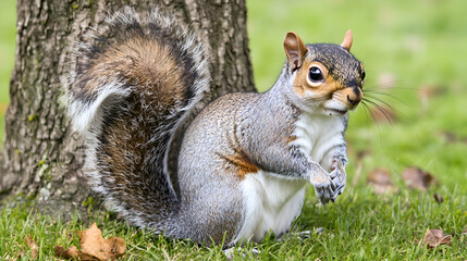 Fototapeta premium Adorable grey squirrel perched near a tree trunk in a lush green park, bushy tail, alert expression.