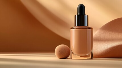 Close-up of beige foundation bottle with black dropper cap surrounded by makeup sponges on a smooth beige and gold background with soft lighting