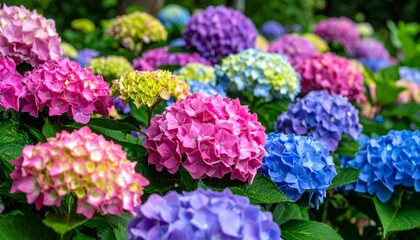 Vibrant Hydrangea Blooms in Vivid Colors Surrounded by Green Foliage