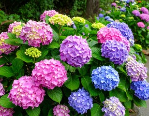 Vibrant Hydrangea Flowers in Full Bloom in a Colorful Garden Scene