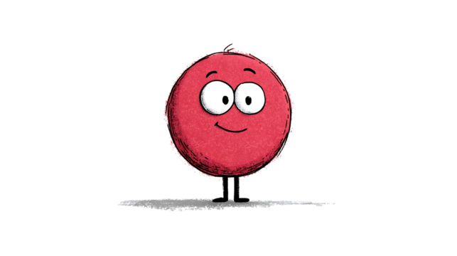A cheerful red circle character with expressive eyes and a smile perfect for fun and playful d