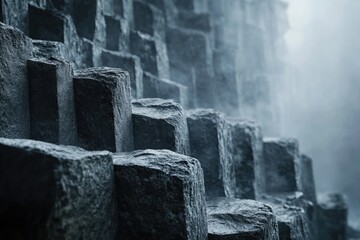 Close-up of basalt columns, appearing like a stairway to the mist, showcasing their texture and form.