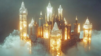 Fototapeta premium Ethereal castle made of crystal floating a misty sky glowing towers with soft golden light cinematic fairy tale kingdom