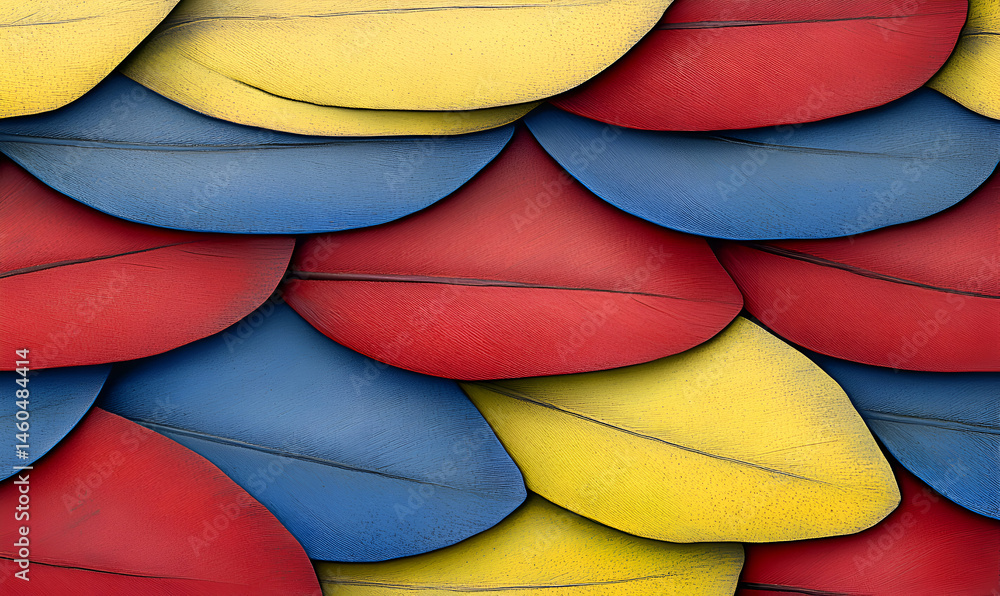 Poster vibrant abstract image of overlapping red, yellow, and blue feathers, creating a colorful, textured 