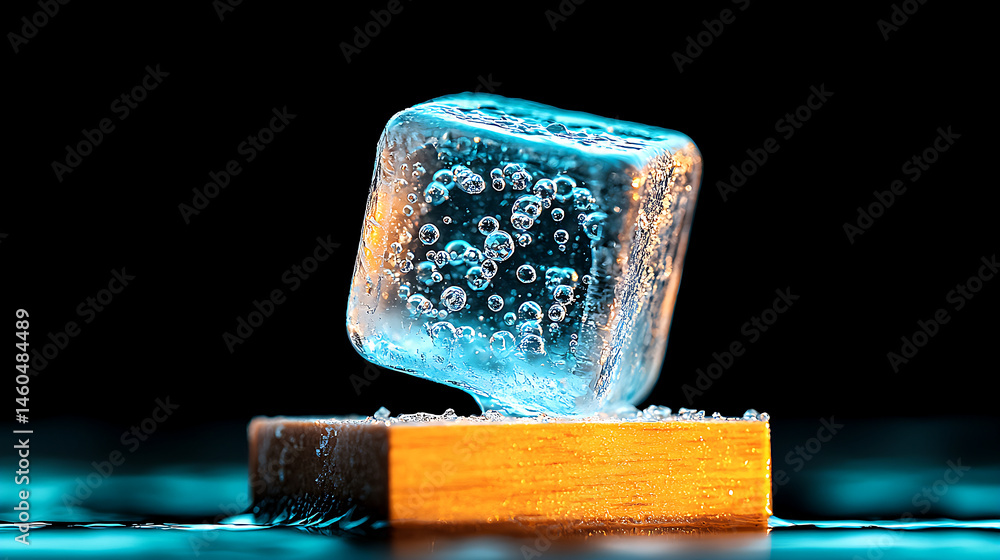 Poster close-up of a clear ice cube with trapped bubbles on wooden block