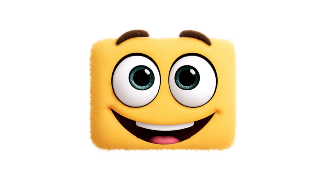 A cheerful square emoji with a bright smile and expressive eyes perfect for fun and positive d