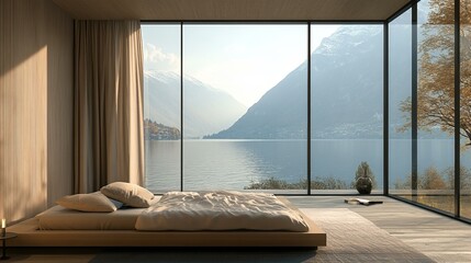 Lake View Bedroom Interior Design, Mountain Scenery