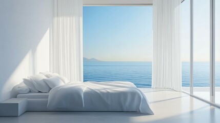 Fototapeta premium Ocean View Bedroom, Minimalist Serenity, Coastal Home