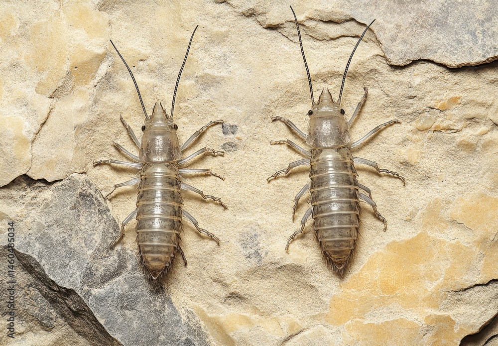 Poster two transparent insects resting on natural rock surface, showcasing unique features and texture in m