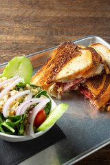 A view of a reuben sandwich.