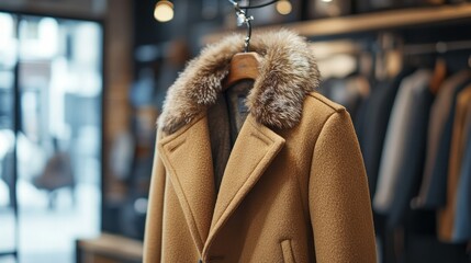 Elegant men's winter coat with a fur-trimmed hood hanging on a wooden hanger inside a clothing store with other jackets in the background