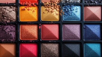 Assorted colorful eyeshadow palettes with vibrant shades and textured finishes arranged in a grid pattern for makeup artistry beauty fashion and cosmetic use