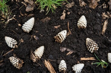 Unique White Pine Cones on Rich Dark Soil Surrounded by Lush Green Grass and Natural Forest Elements, Perfect for Nature and Gardening Themes