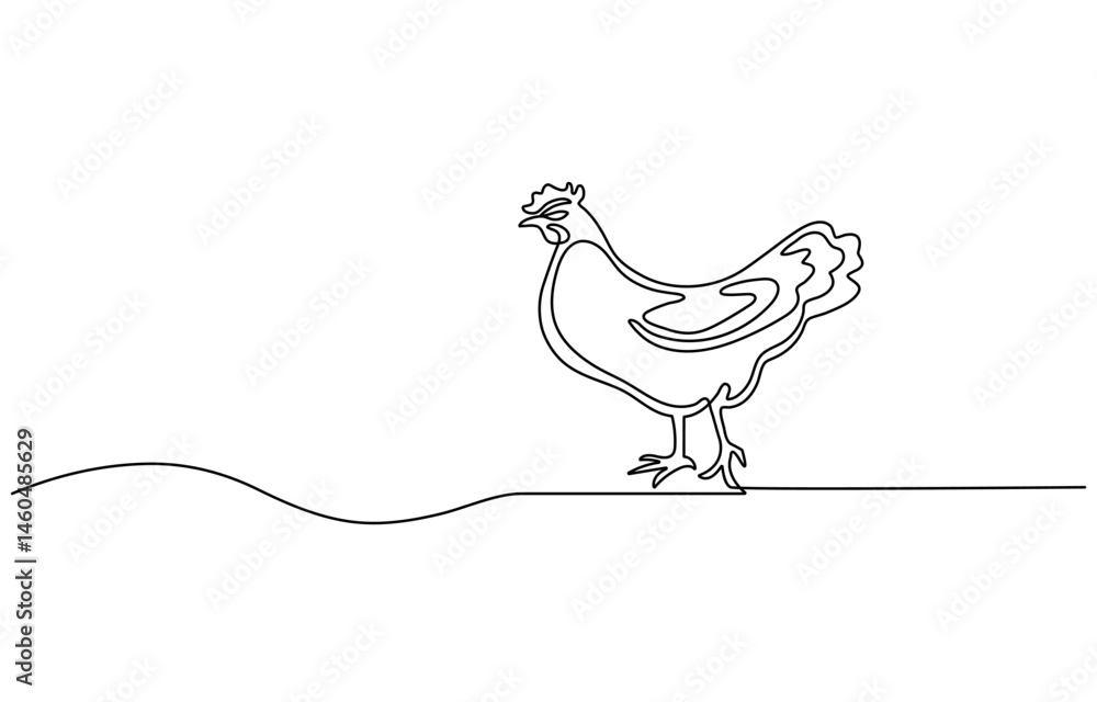 Aufkleber hen in continuous line art drawing style. chicken minimalist black linear design, continuous one lin